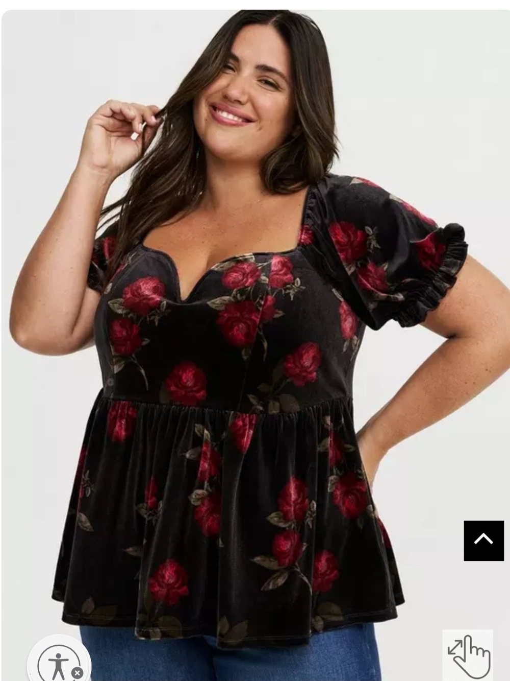 Torrid Size 2 Black Velvet Red Rose Floral Sweetheart Peplum Top